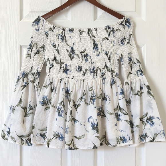 Lucca Boho Chic Floral Smocked Off Shoulder Long Bell Sleeve Flared Top White M - Picture 11 of 12
